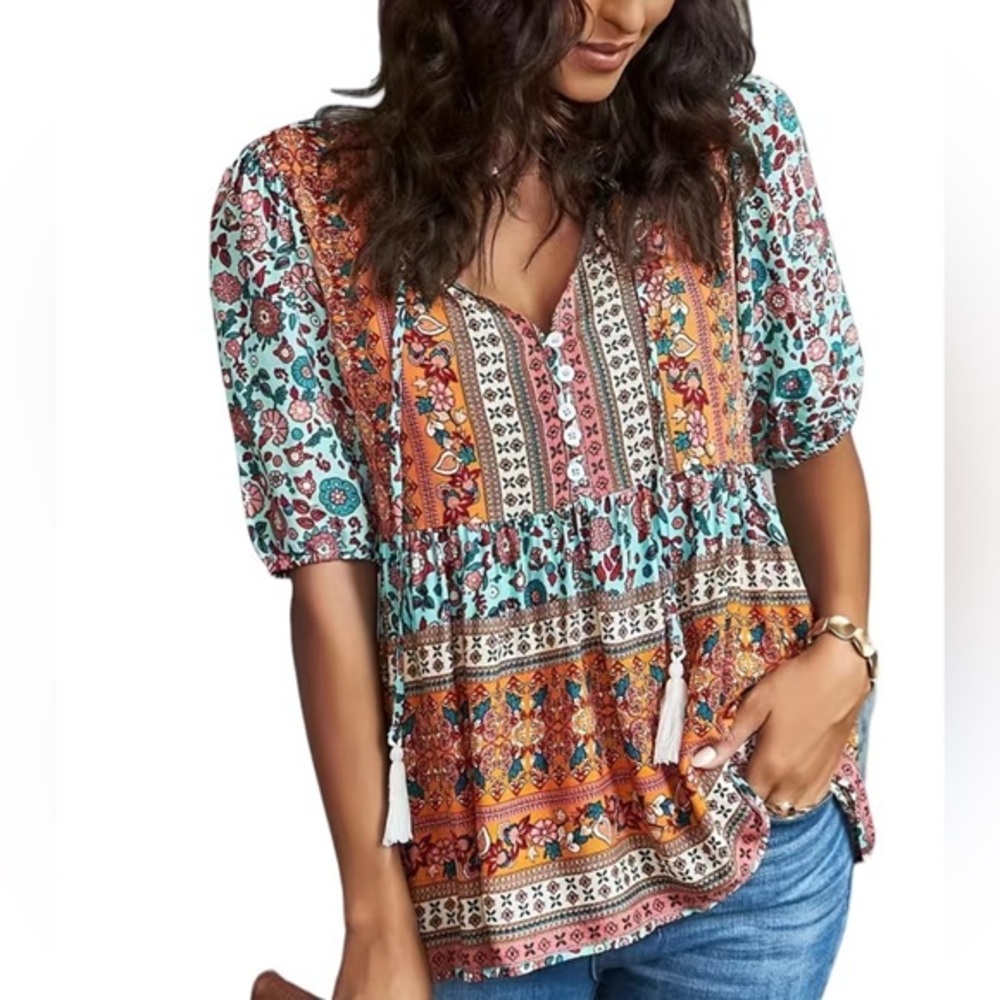 NEW Floral Print Buttons Blouse Boho V Neck Short Sleeve Blouse Women's Clothing
